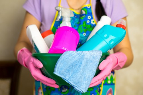 Cleaner preparing safe deep cleaning equipment in a property