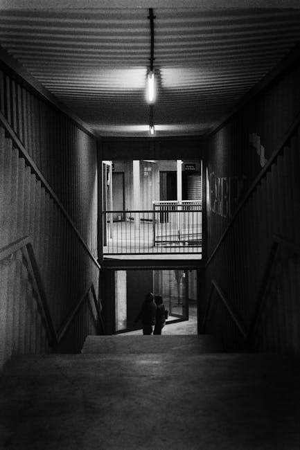 Black and white photograph of a multi-storey residential building with brick exterior walls and multiple white-framed windows. The ground level features several closed garage doors made of metal, set into brick columns that separate each parking space. A narrow sidewalk runs parallel to the building, with a shadow cast across the street in the foreground. The overall scene is well-lit with sharp contrast, highlighting the clean and orderly appearance of the building façade, indicative of regular exterior surface cleaning and maintenance by Deep Cleaning Ilford as part of their domestic cleaning services for flats on Cranbrook Road Ilford.